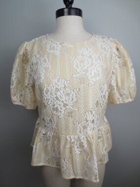 Romantic Floral Lace Peplum Top - Puff Sleeves - Cream/Yellow NWT Size Medium